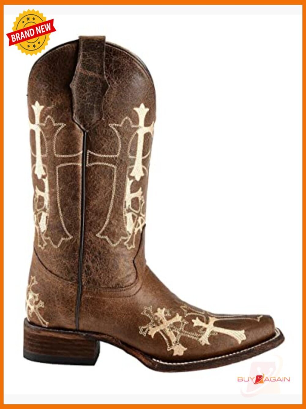 Distressed Leather Square Toe Embroidered Mid-Calf Boots - Picture 2 of 6